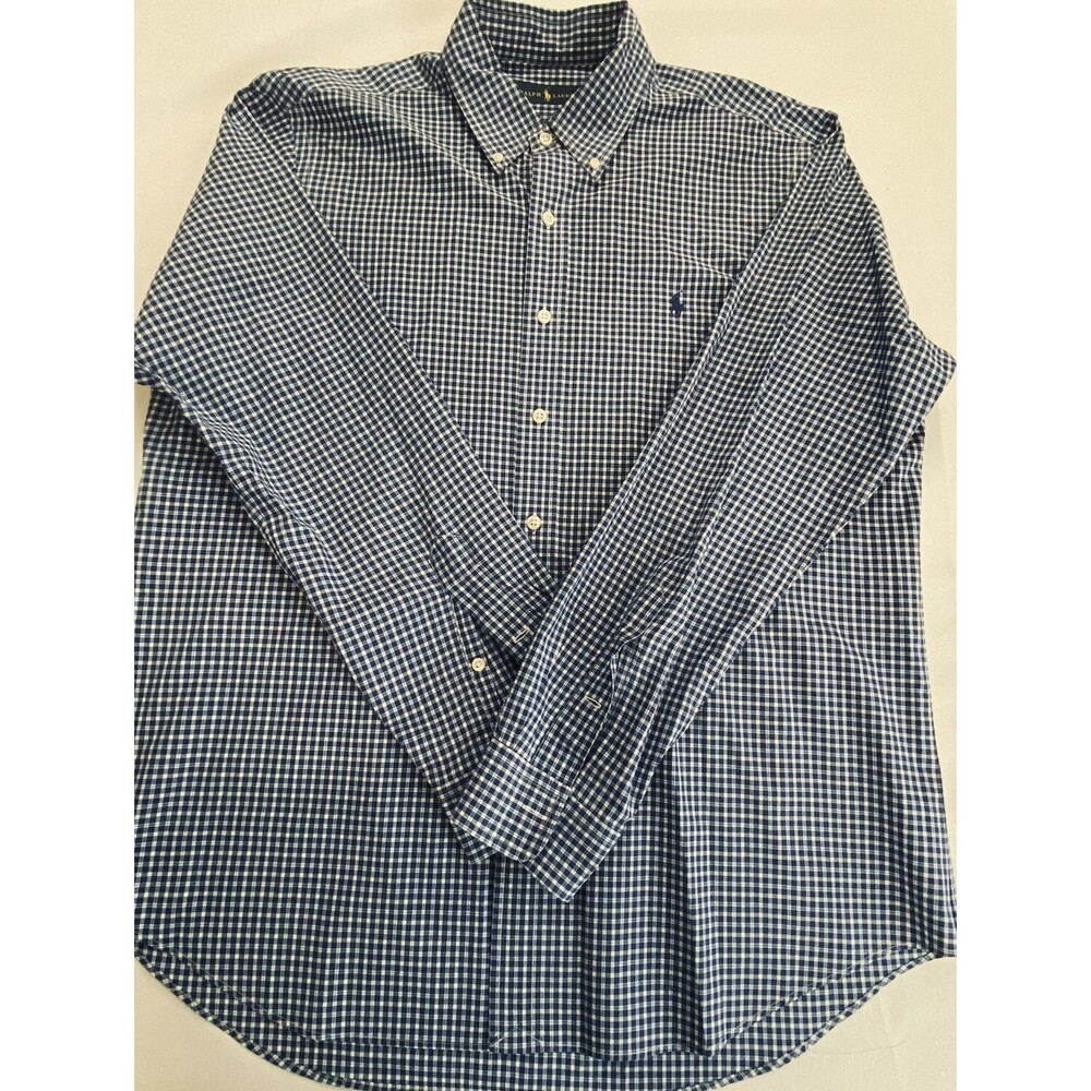 Ralph Lauren Mens Blue White Small Plaid Button Down Long Sleeve Size L